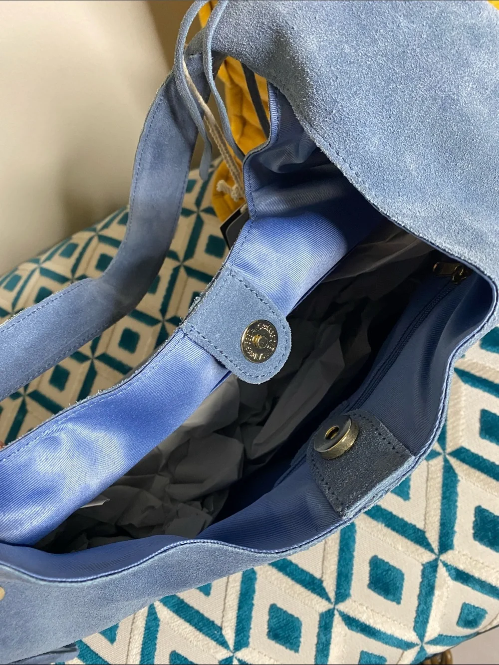 NWT! Haute Hippie Genuine Suede Powder Blue Slouchy Hobo Fringe Bag